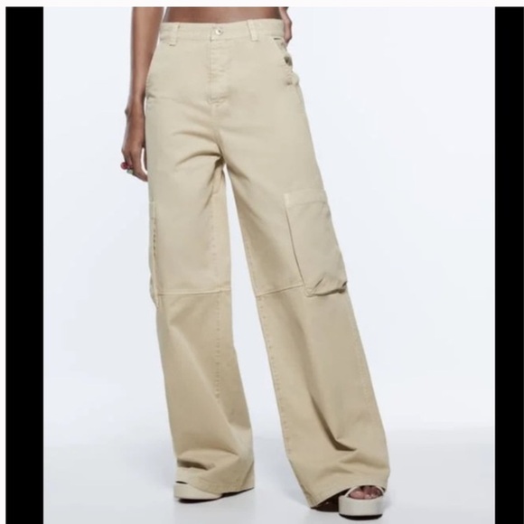 Zara wide leg cargo pant tan color - Picture 2 of 12